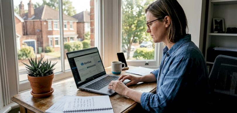 Small business owner working on SEO at desk