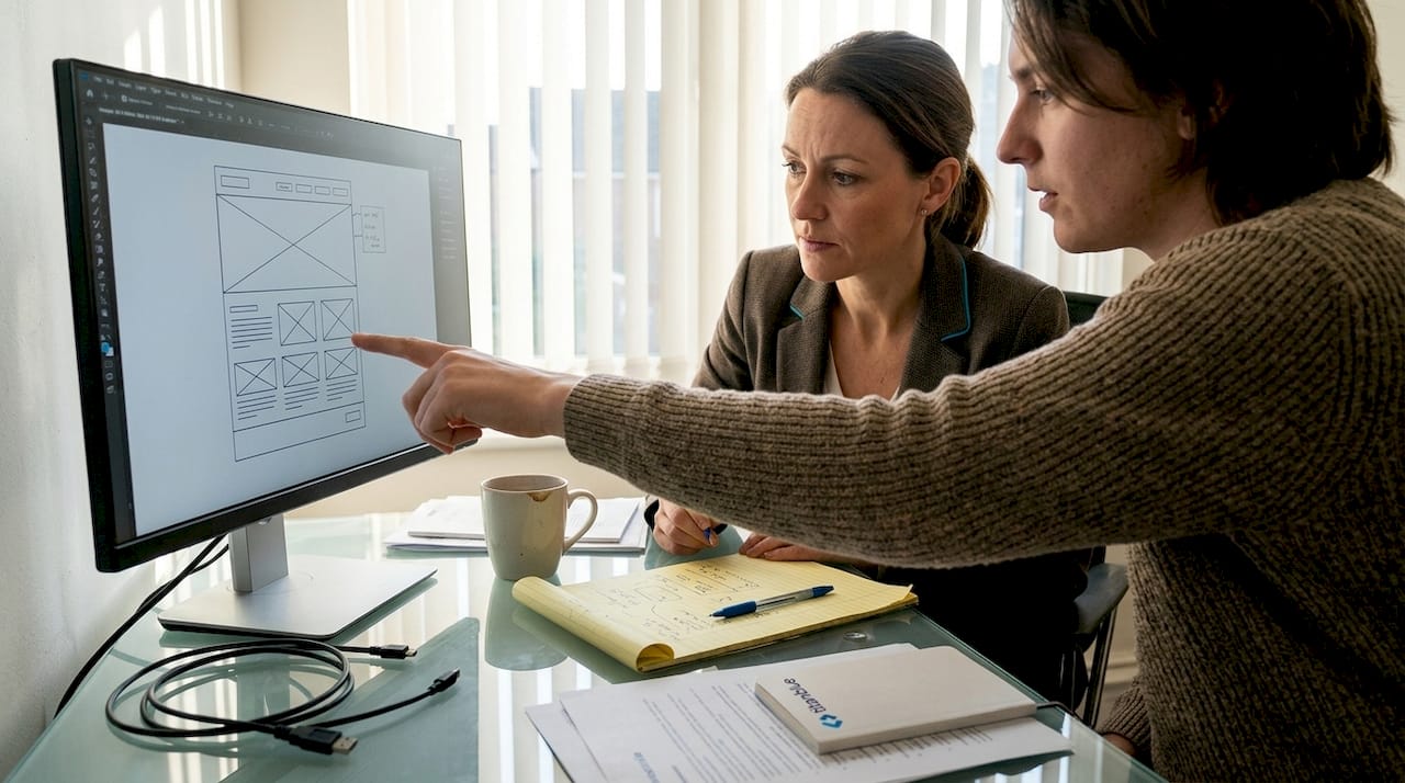 Business owner and designer discuss website layout