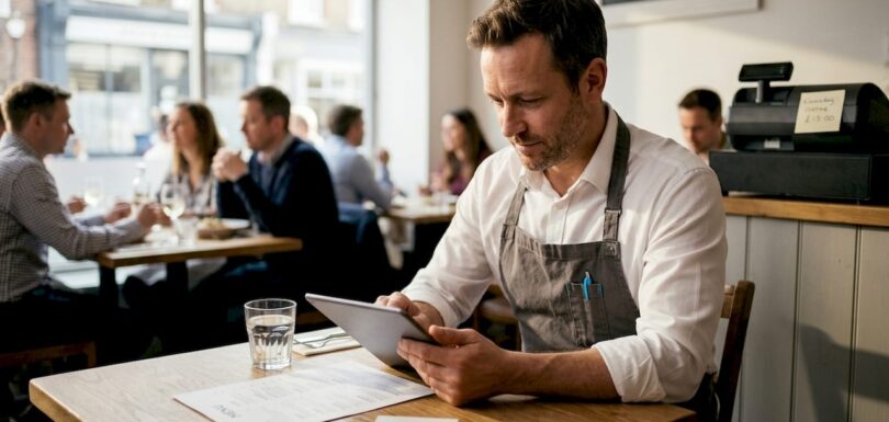 Restaurant owner checks reviews at bistro table