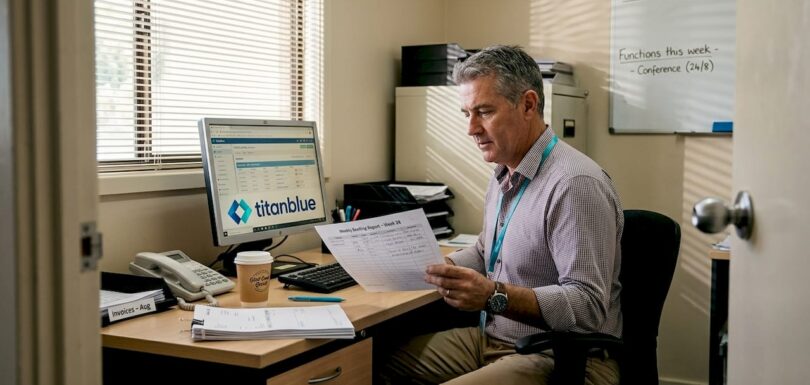 Hotel manager reviewing booking reports at desk