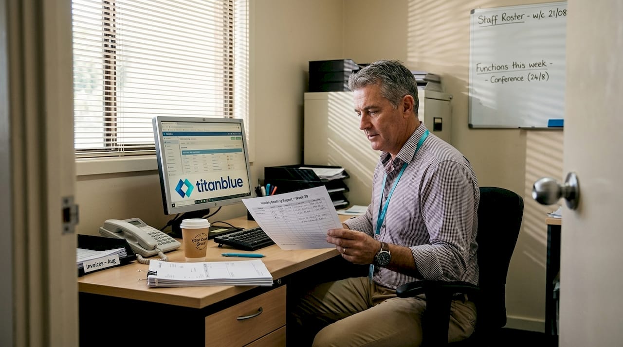 Hotel manager reviewing booking reports at desk