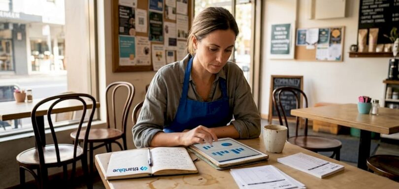 Cafe owner checks social media analytics at workspace