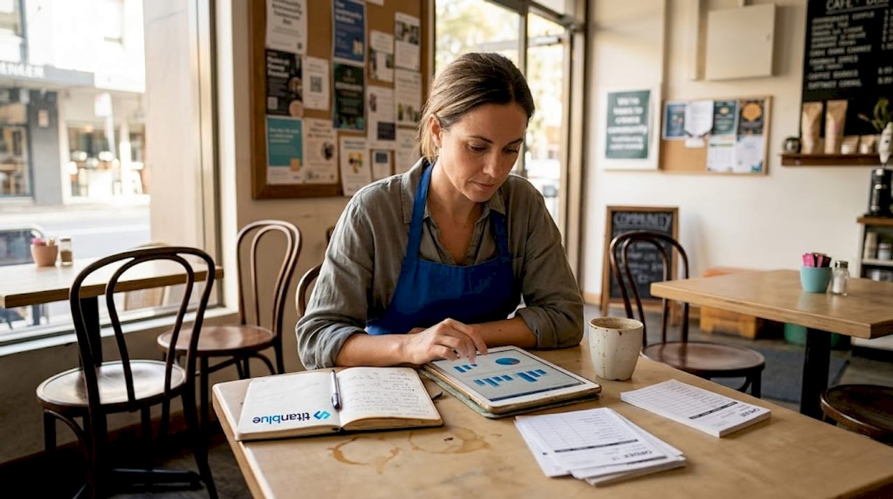 Cafe owner checks social media analytics at workspace