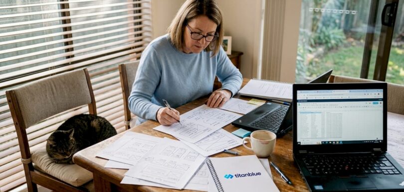 Business owner reviewing website sketches at table