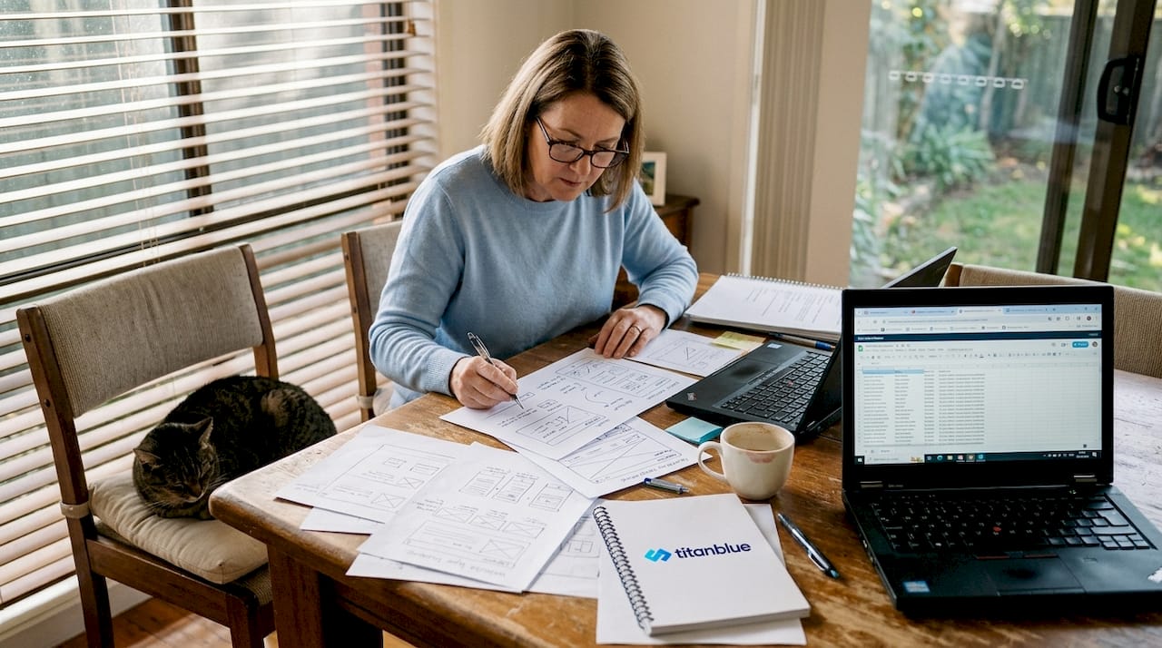 Business owner reviewing website sketches at table