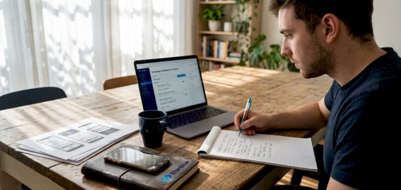 Web designer reviewing client feedback at table
