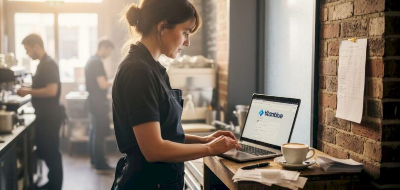 Hospitality manager using e-commerce system at café workstation