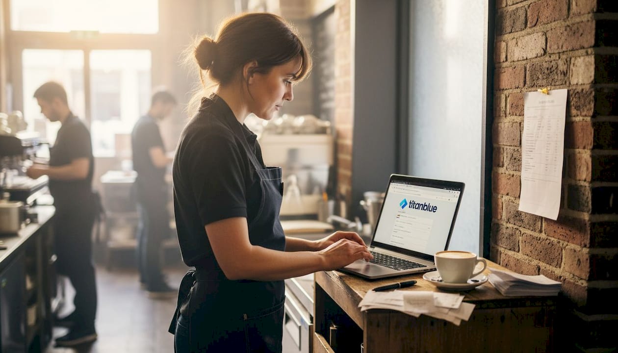 Hospitality manager using e-commerce system at café workstation