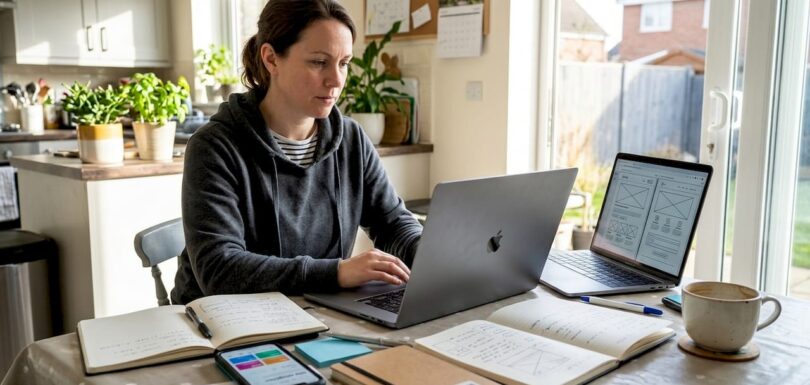 Designer evaluating competitor websites at home