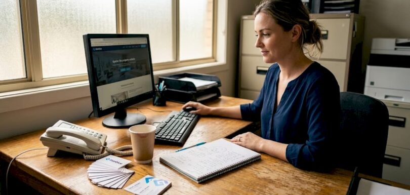 Hotel manager updates website at back office desk