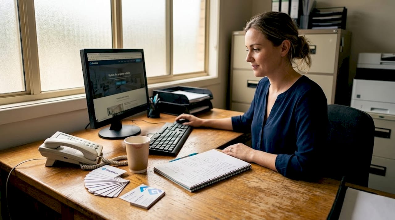 Hotel manager updates website at back office desk