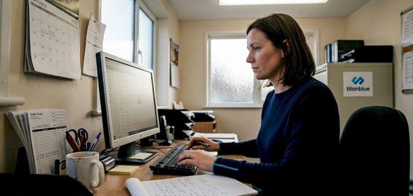 Shop owner reviewing marketing AI software