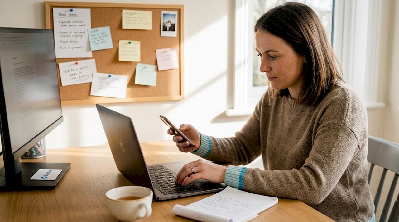 Small business owner managing social media at desk