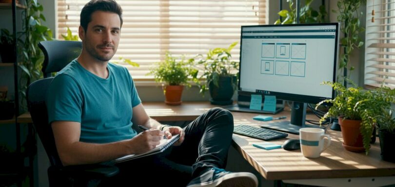 Web designer reviewing responsive layouts workspace
