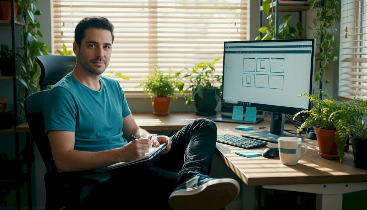 Web designer reviewing responsive layouts workspace