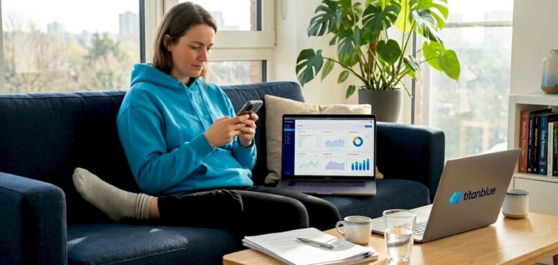 Woman using phone to view website at home