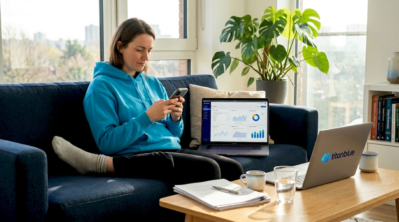 Woman using phone to view website at home