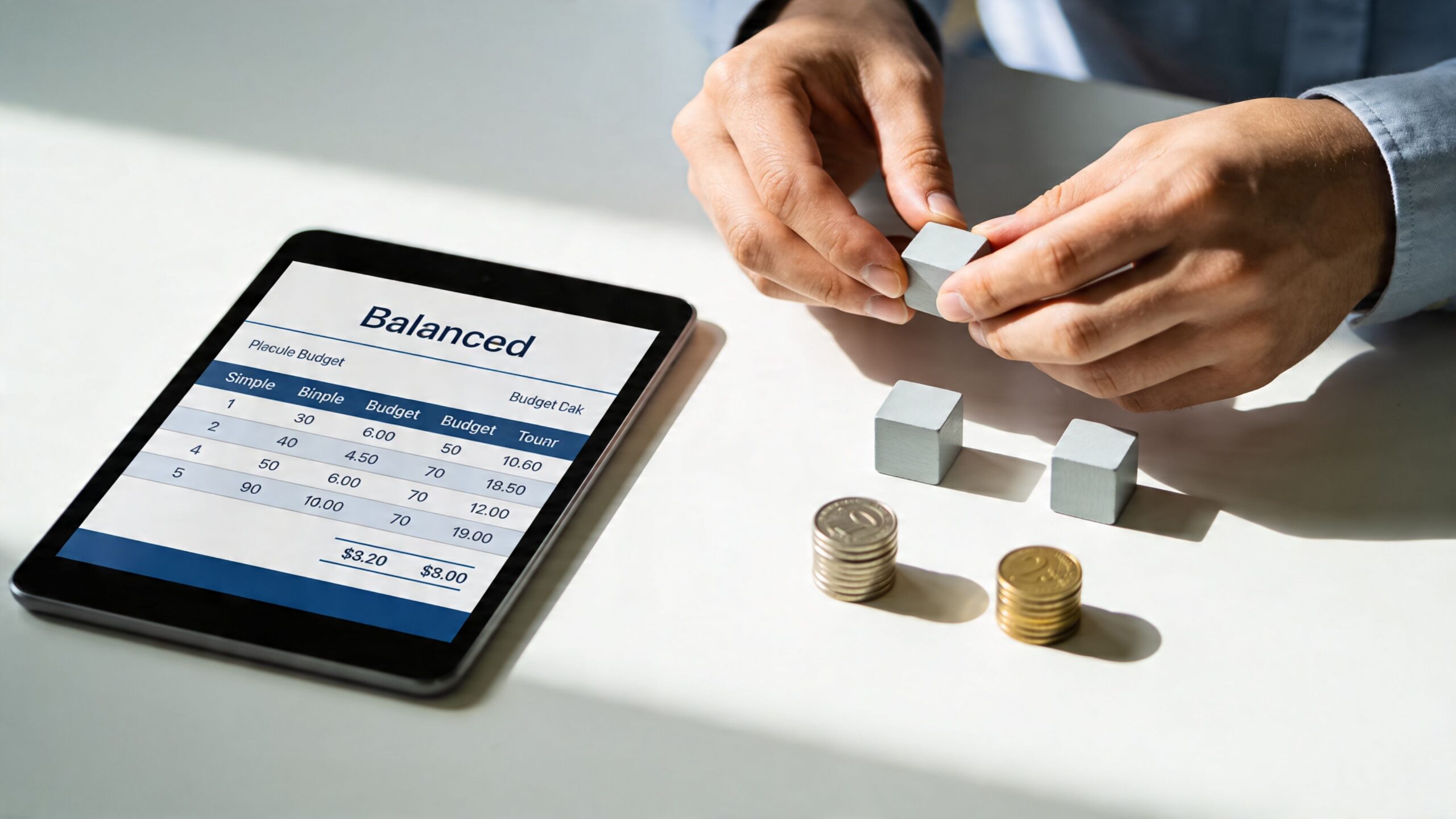 A professional analyzing a budget spreadsheet on a digital tablet with wooden blocks and stacked coins.