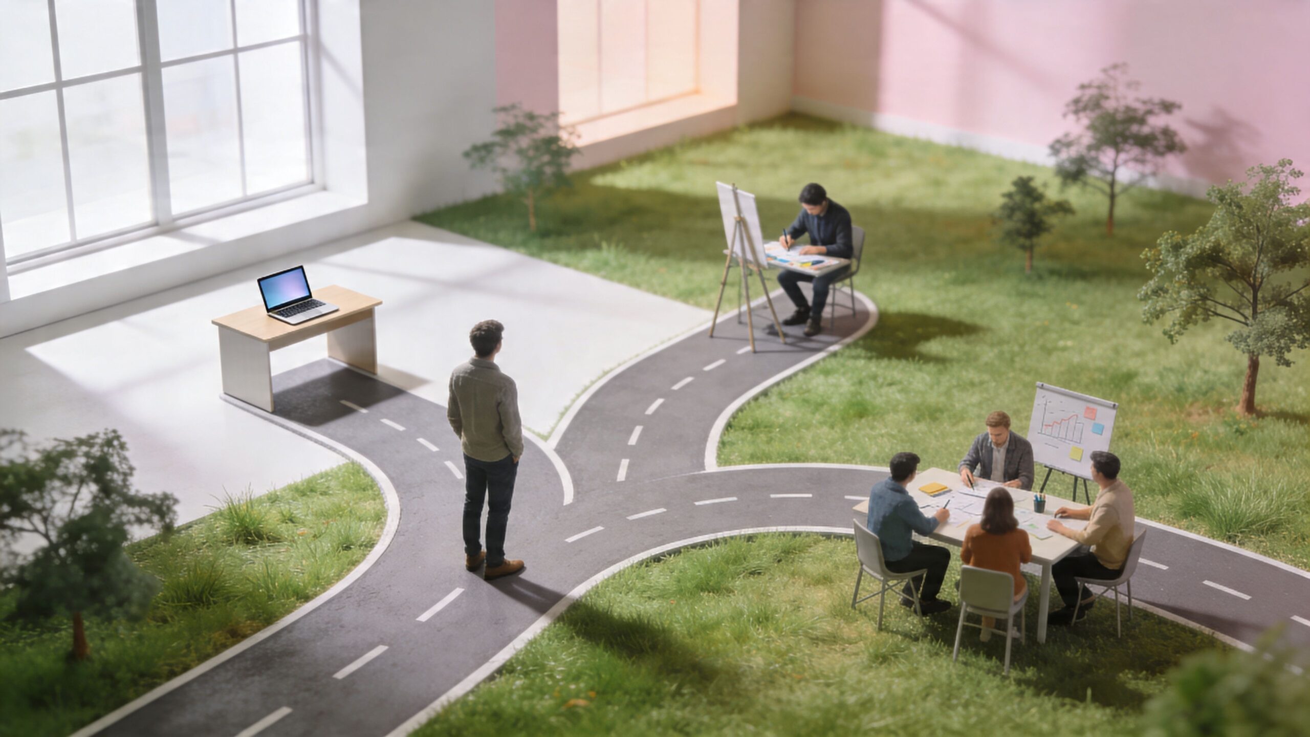 A man standing at a road fork choosing between individual work and a collaborative office team setting.