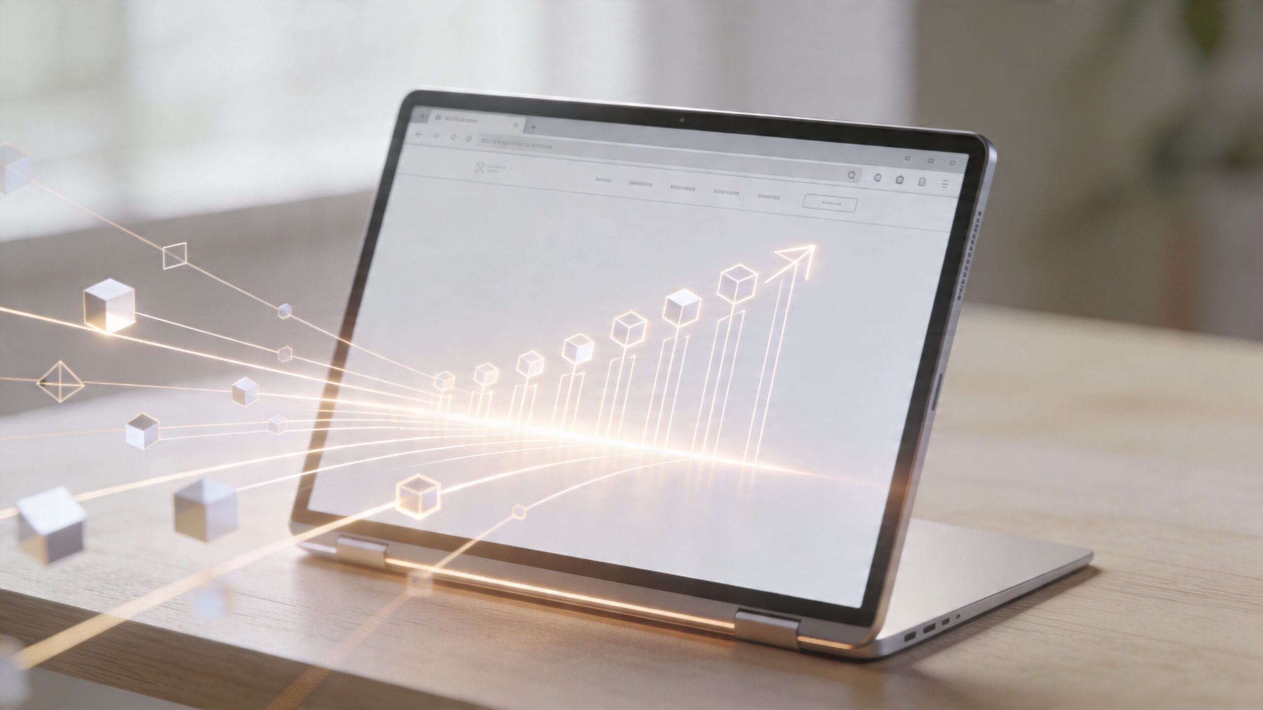 A sleek laptop displays a digital growth chart graphic with connecting data nodes on a wooden desk.