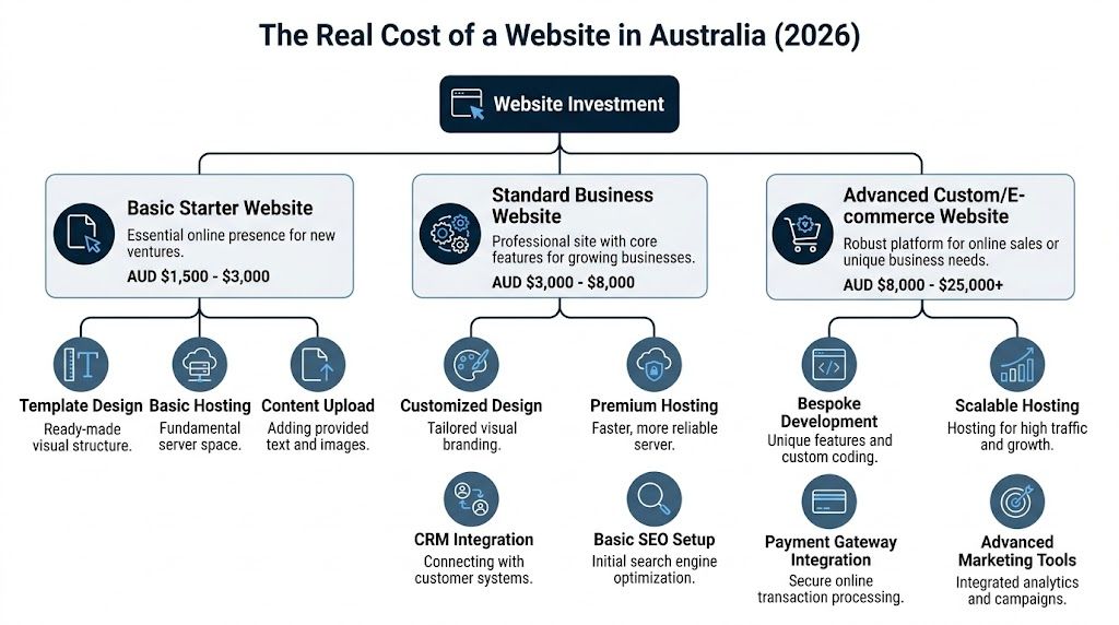 A flowchart infographic detailing the different investment tiers and features for website development in Australia for 2026.