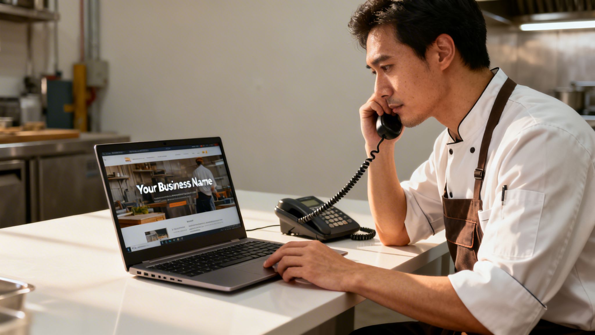 A professional chef managing business operations on a laptop and phone inside a commercial restaurant kitchen.