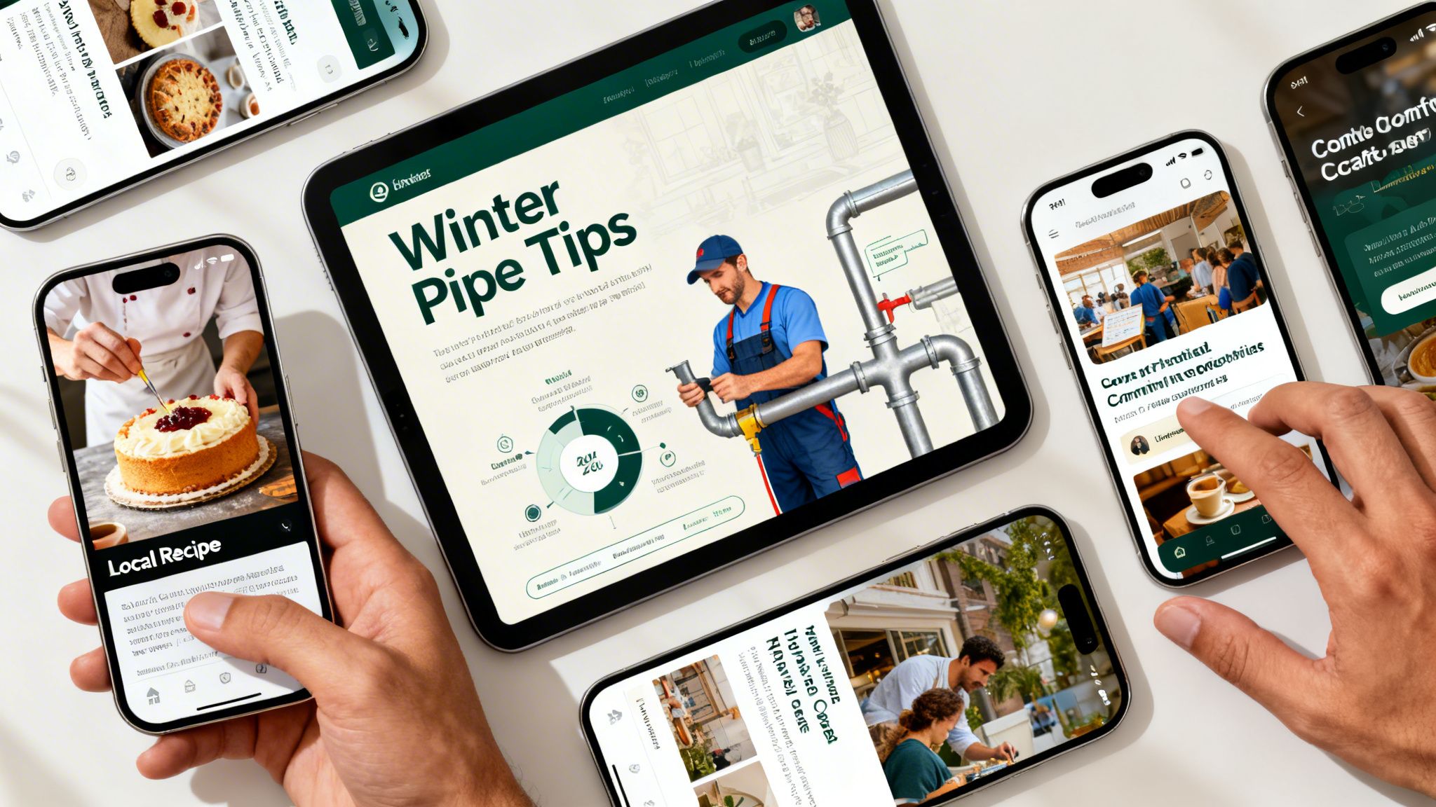 Multiple mobile devices and a tablet displaying various digital marketing content and blog articles on a white surface.