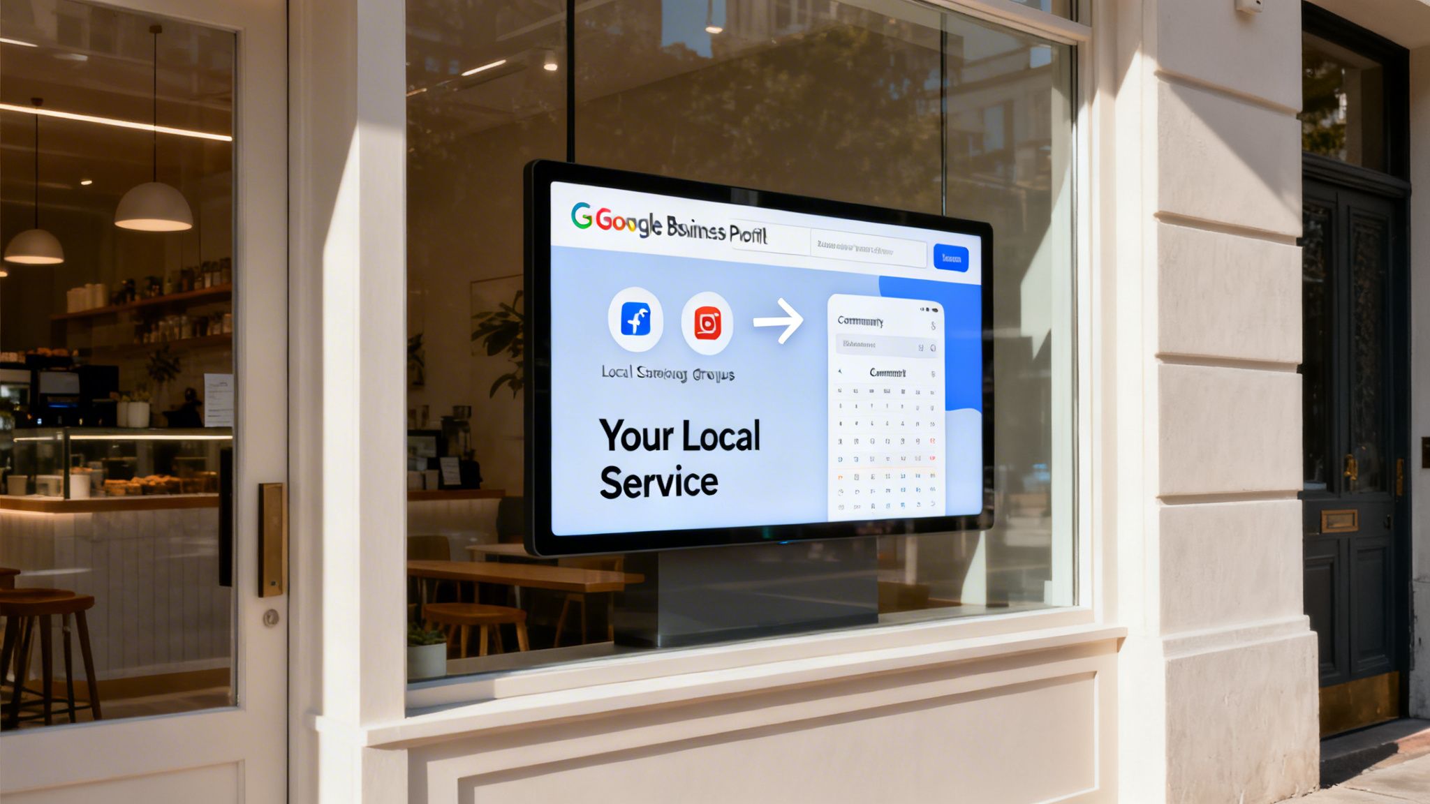 A digital screen in a shop window displaying Google Business Profile and social media marketing content.