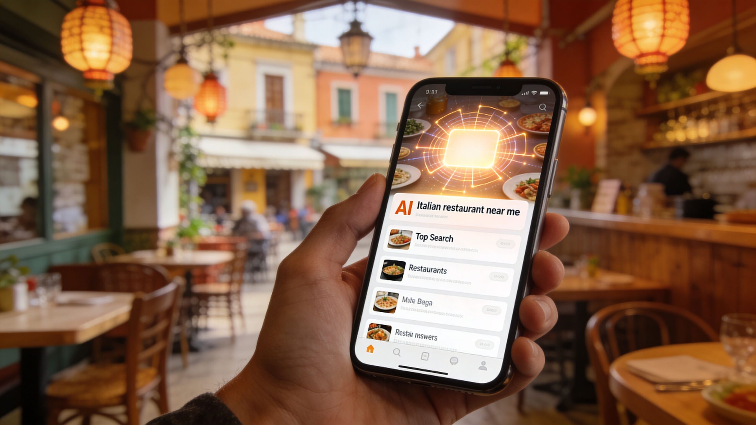 A hand holding a smartphone displaying an AI-powered search application for finding Italian restaurants near the user.