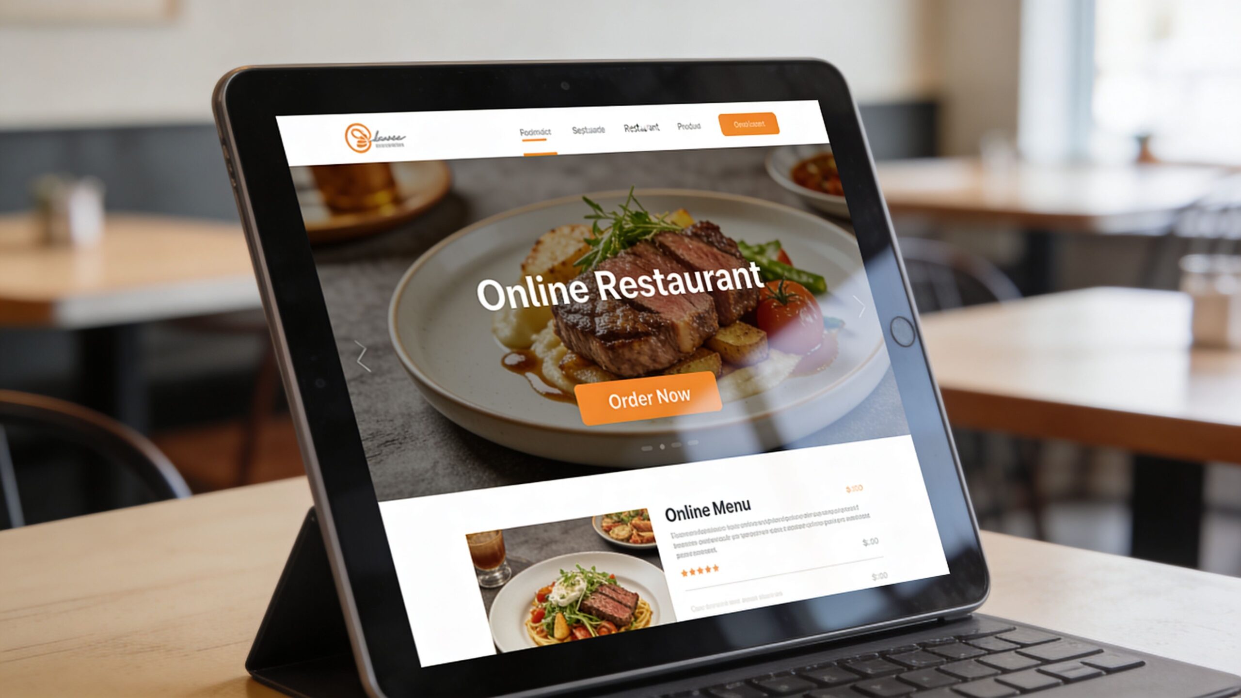 A tablet displaying an online restaurant website with a steak meal, designed for digital marketing strategies.