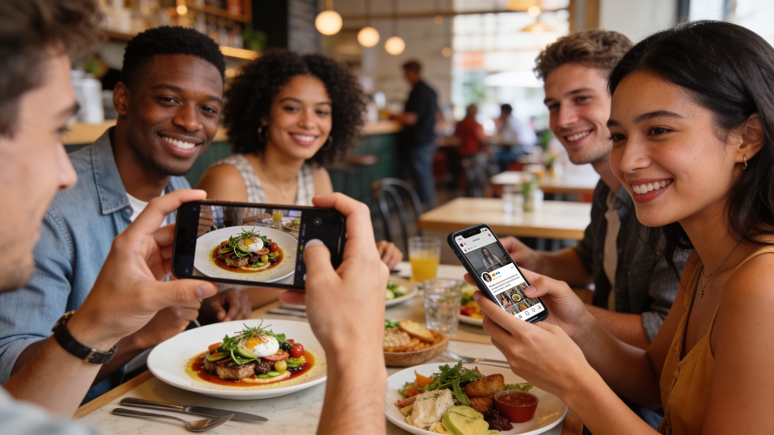 A diverse group of friends enjoying a meal at a restaurant while taking photos for social media.
