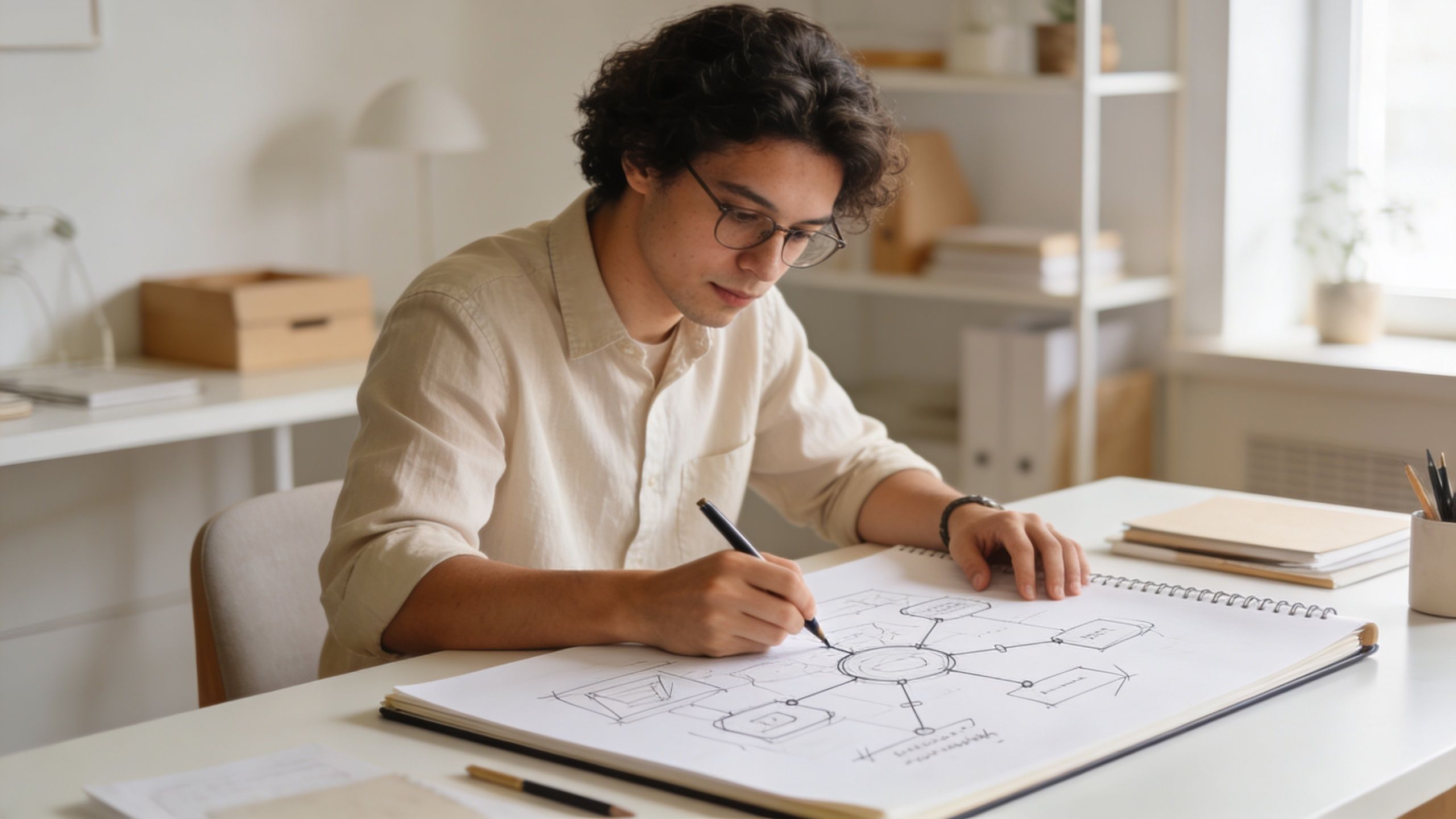 A young man with curly hair sketching a network diagram on a large notebook at his desk.