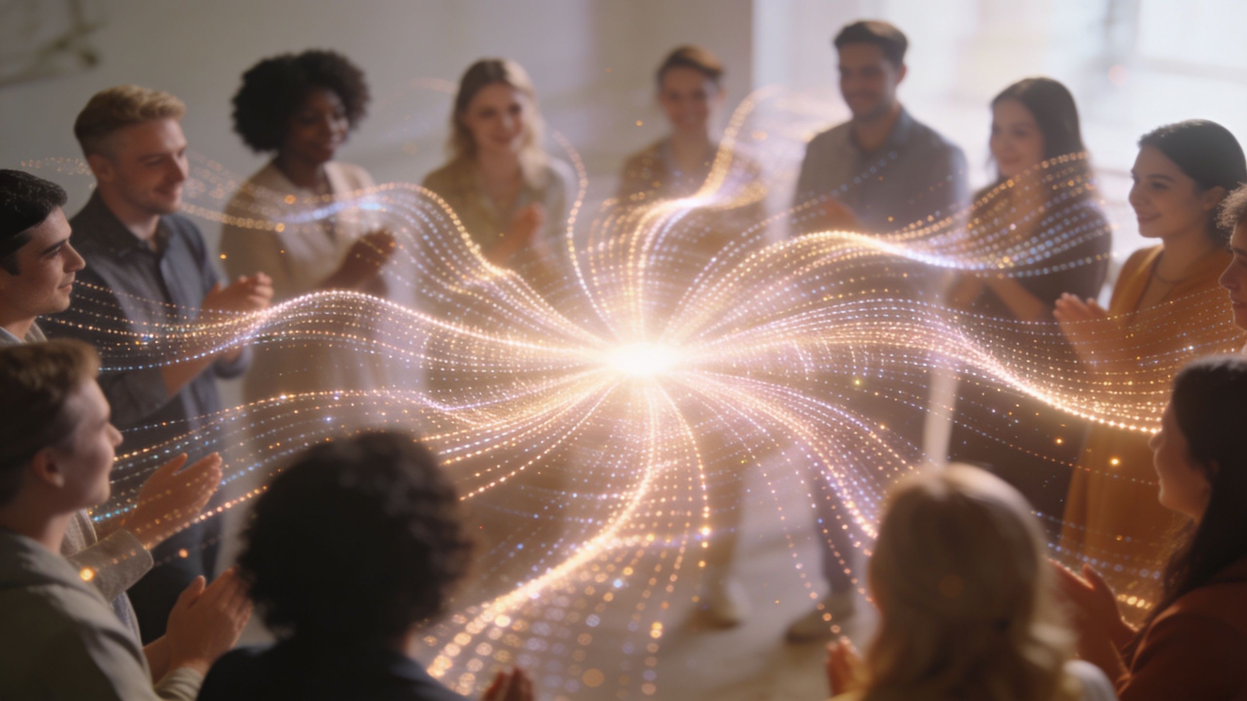 A diverse group of professional people gathered in a circle connecting through digital glowing light particles.