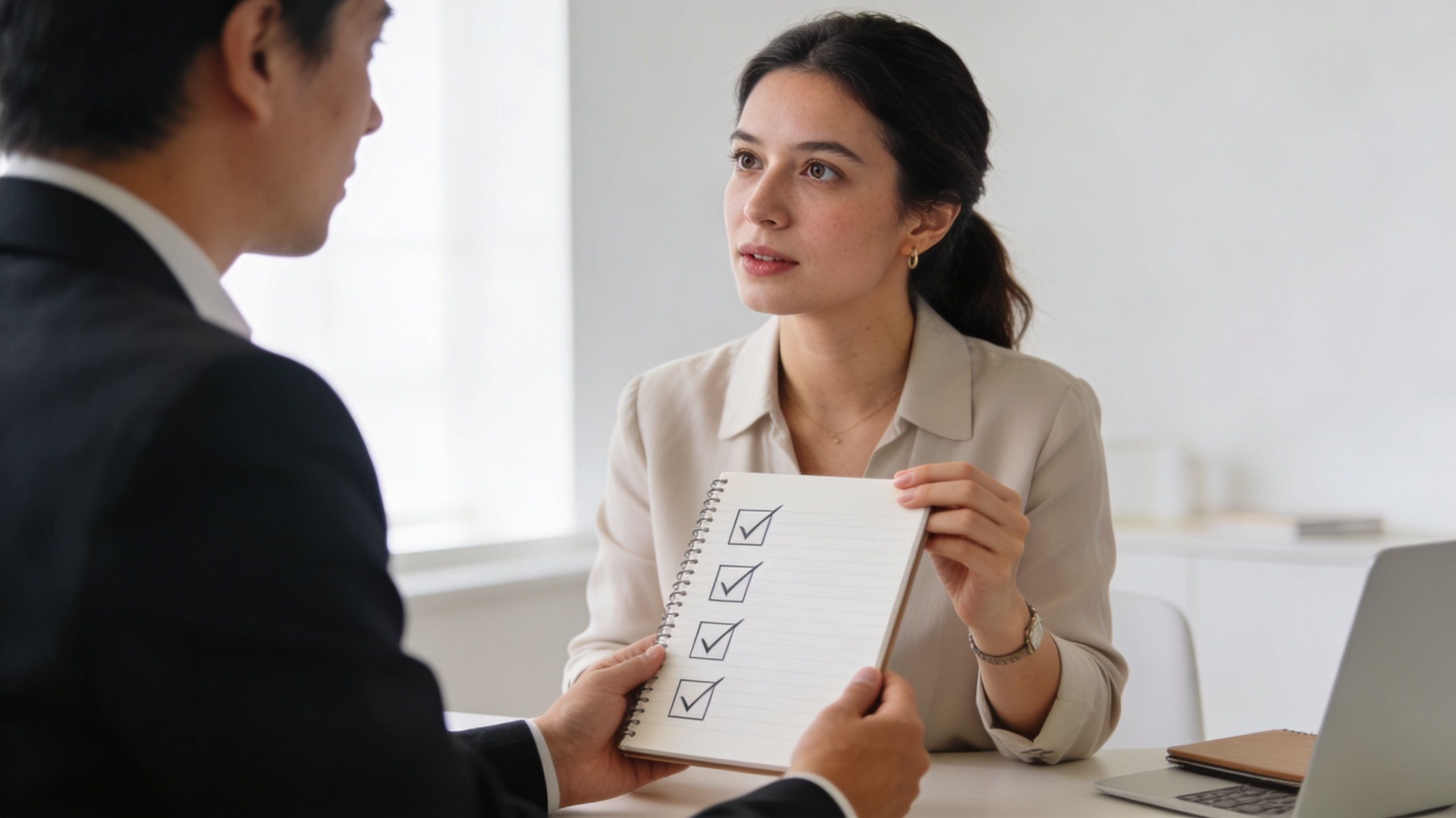 A professional woman showing a notepad with a completed checklist to her business colleague in an office.