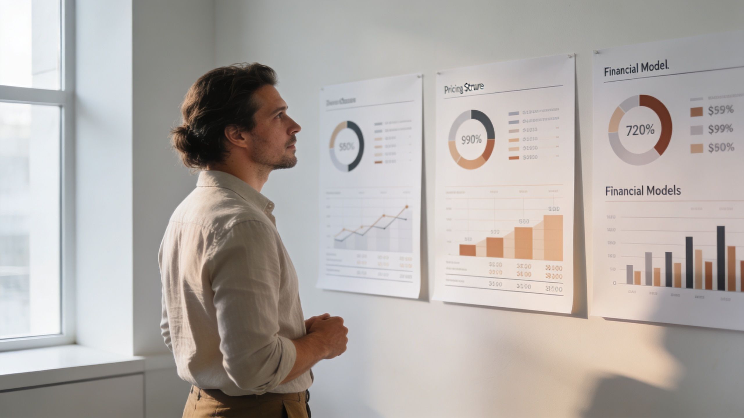 A professional man standing in an office looking intently at business data charts on a wall.