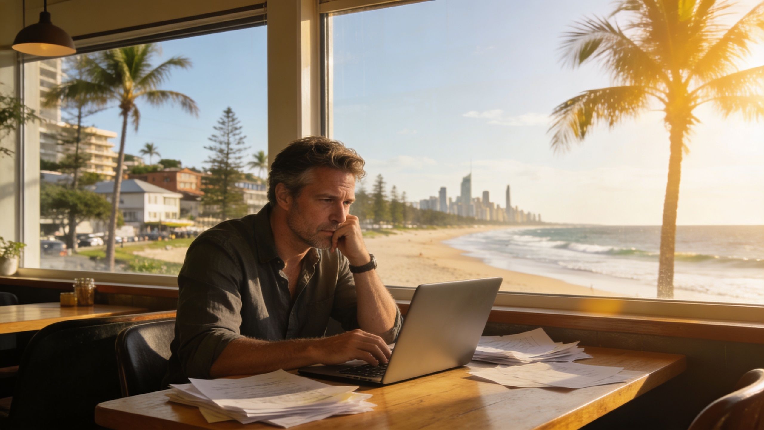 A professional man works on his laptop in a beachside cafe with a scenic coastal skyline view.