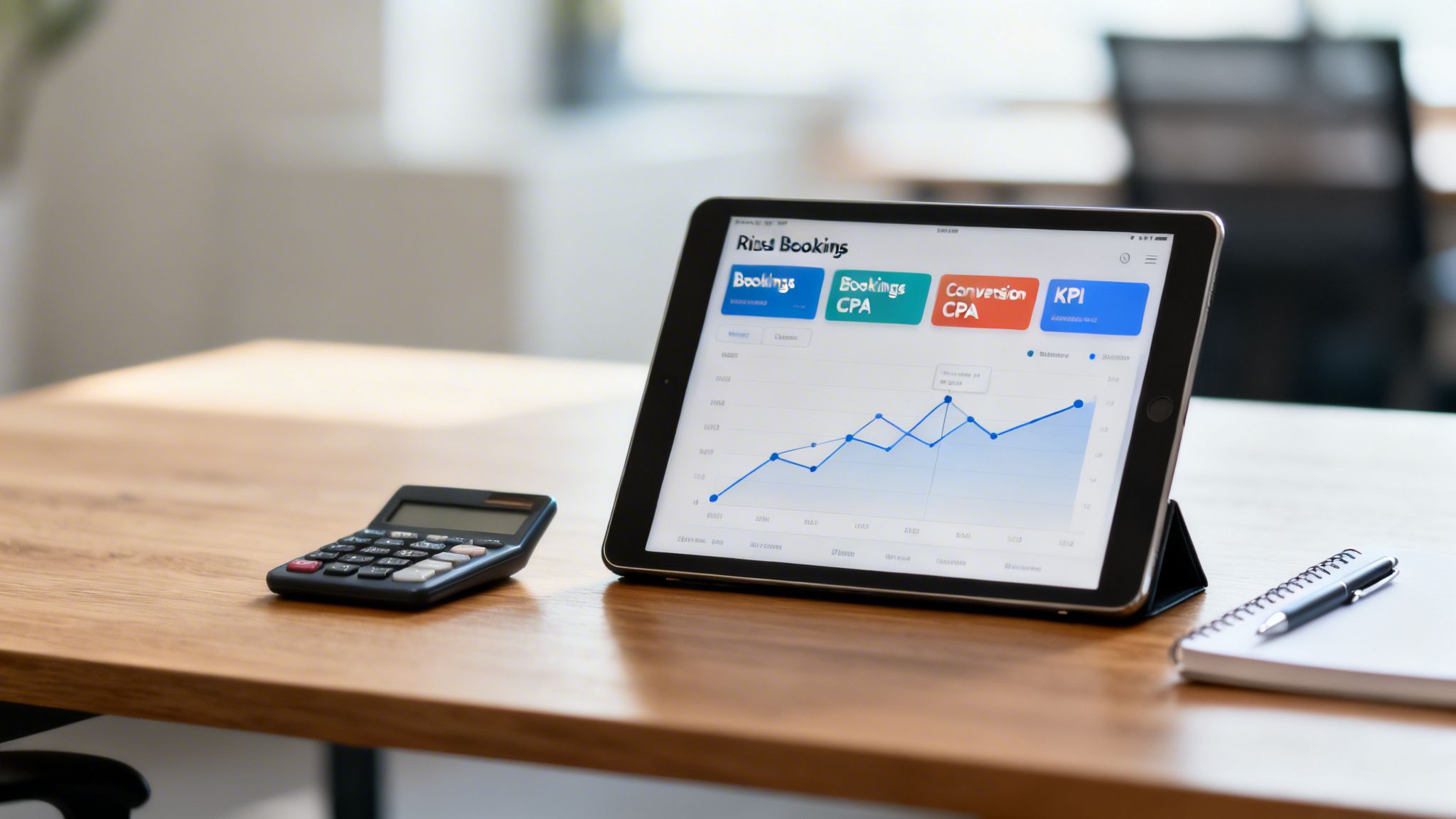 A tablet displays a digital marketing dashboard with booking data and a trend graph on a wooden desk.