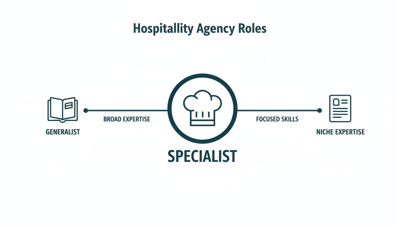 Diagram illustrating hospitality agency roles, contrasting generalist (broad expertise) with specialist (focused skills, niche expertise), with a chef hat icon.