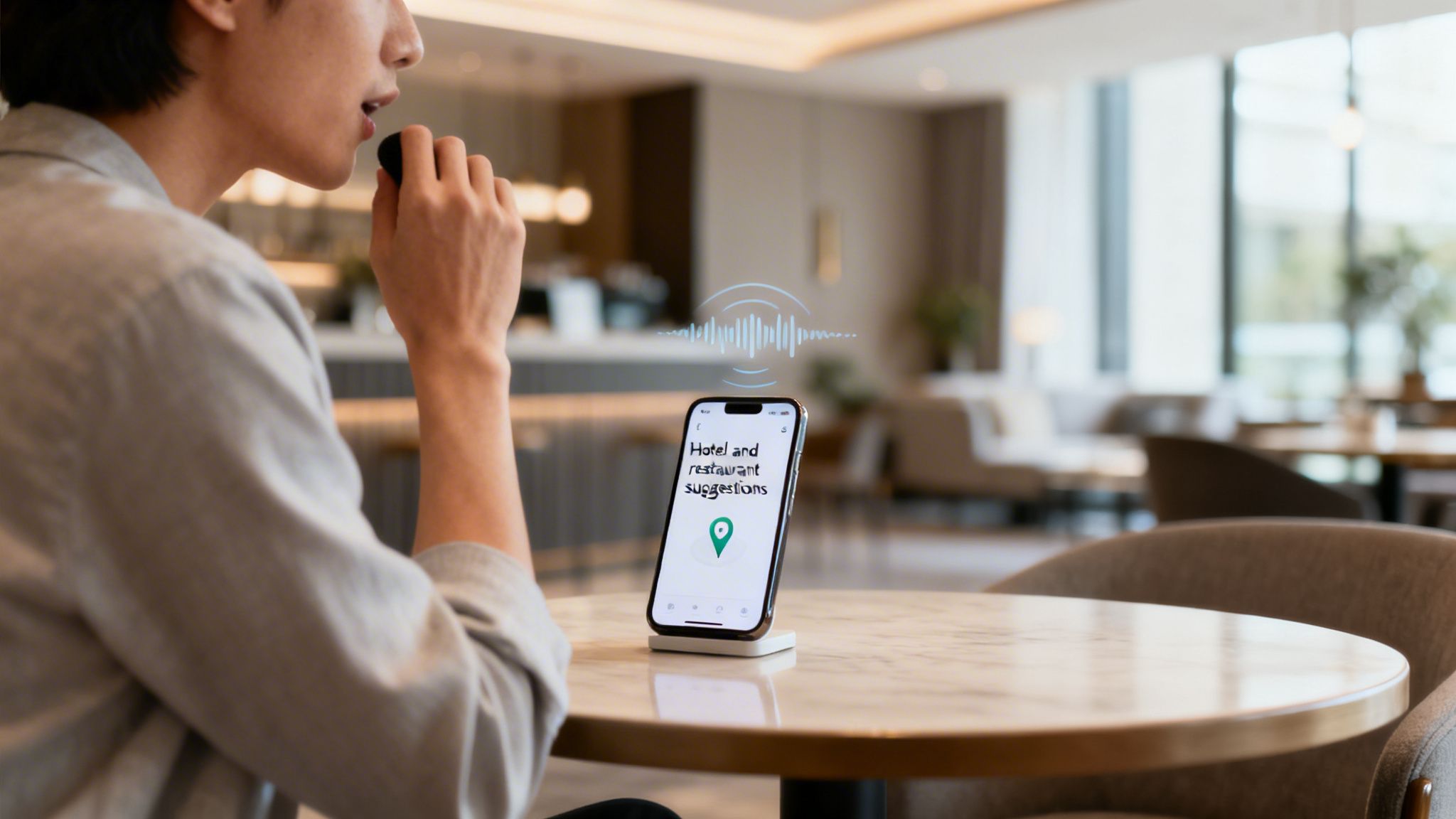 Person uses voice assistant on phone for hotel and restaurant suggestions in a modern lounge.