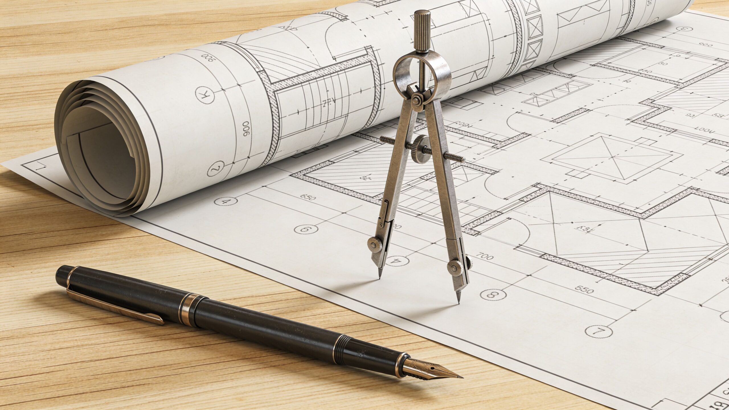 A professional architectural blueprint, a vintage drafting compass, and a fountain pen on a wooden table.