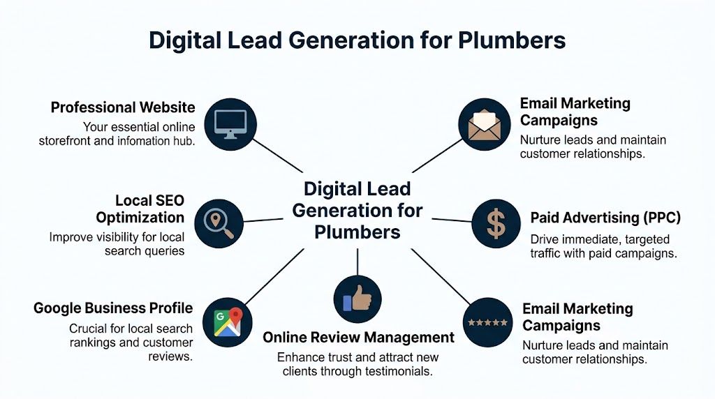 A diagram illustrating essential digital lead generation strategies for plumbers including SEO, paid ads, and review management.