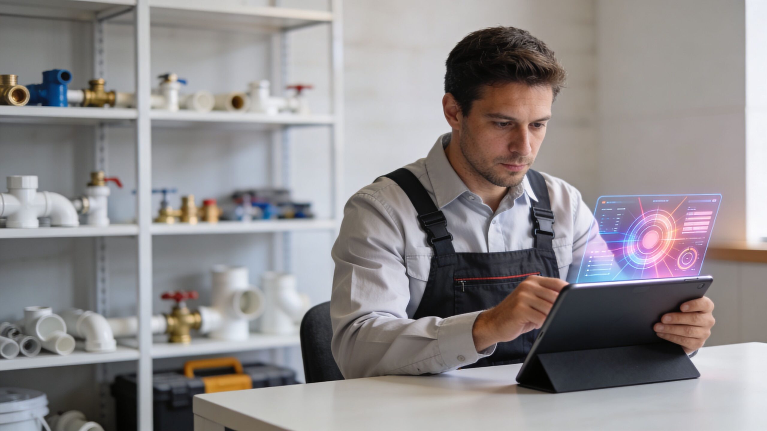 A professional plumber using a digital tablet with a holographic interface while sitting in a workshop.