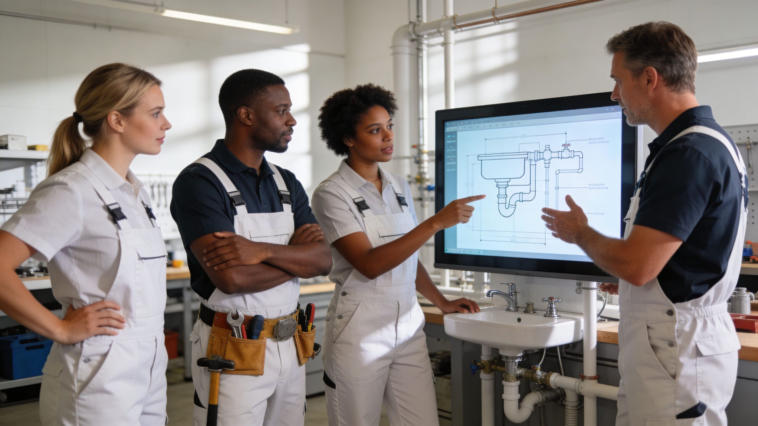 A professional team of plumbers reviewing a technical diagram together in a well-equipped workshop setting.