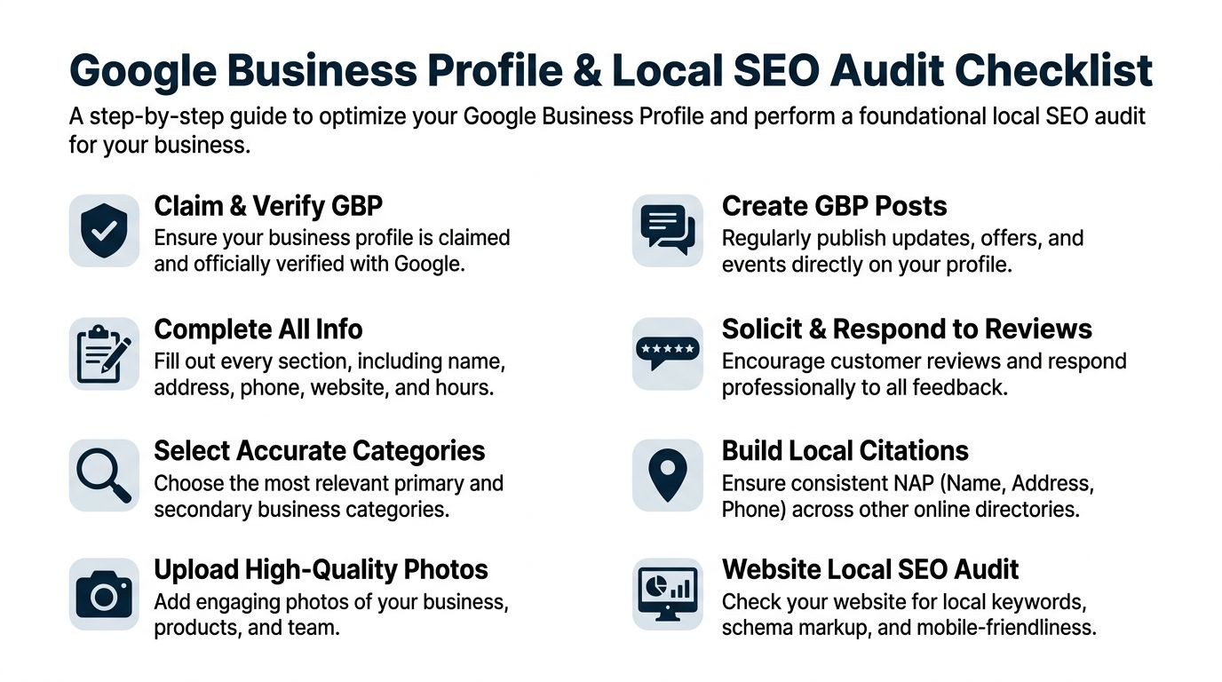 A checklist illustrating eight essential steps for optimizing a Google Business Profile and local SEO strategy.
