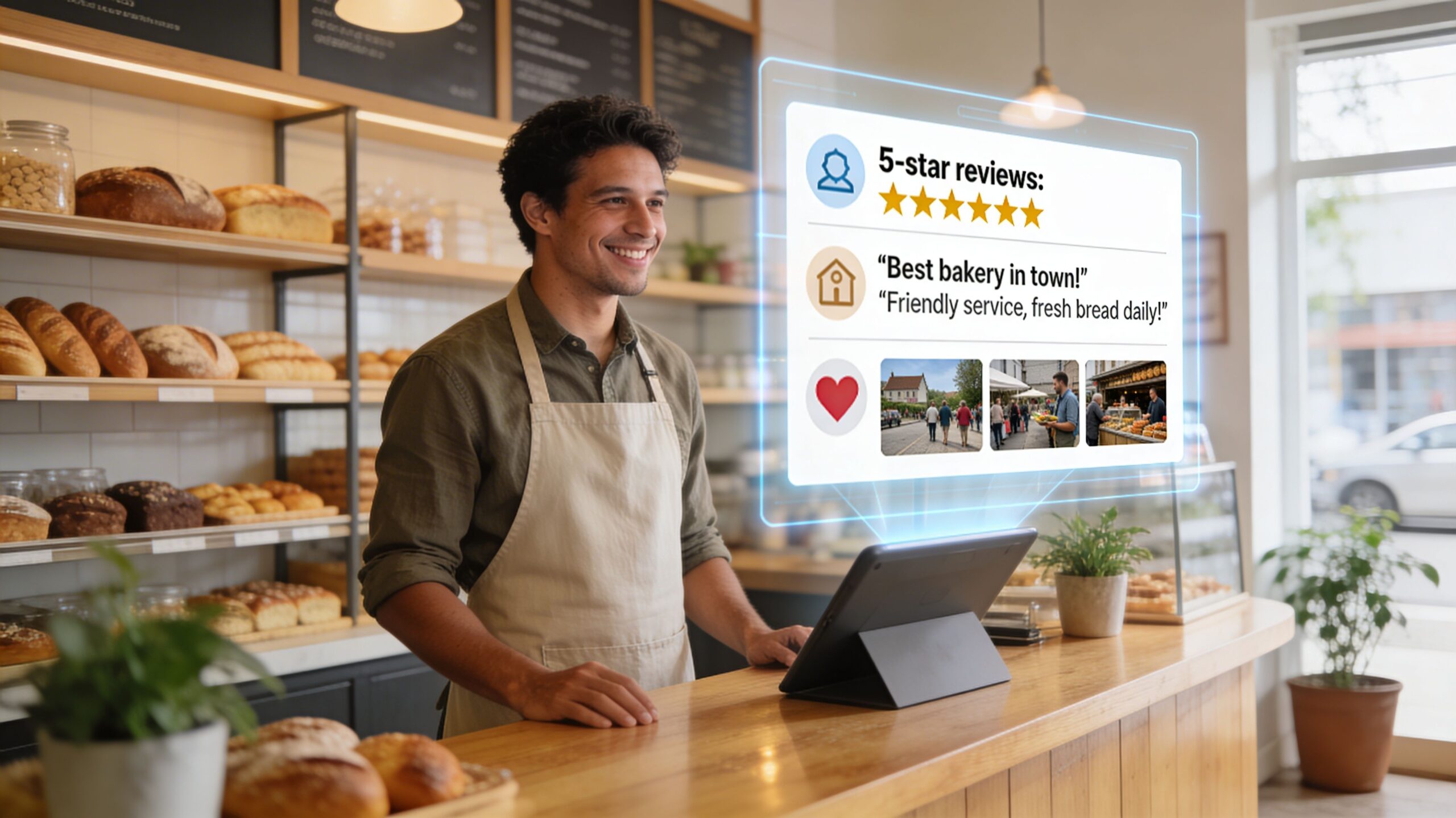 A happy bakery employee standing behind a counter with a digital interface showing five-star customer reviews.