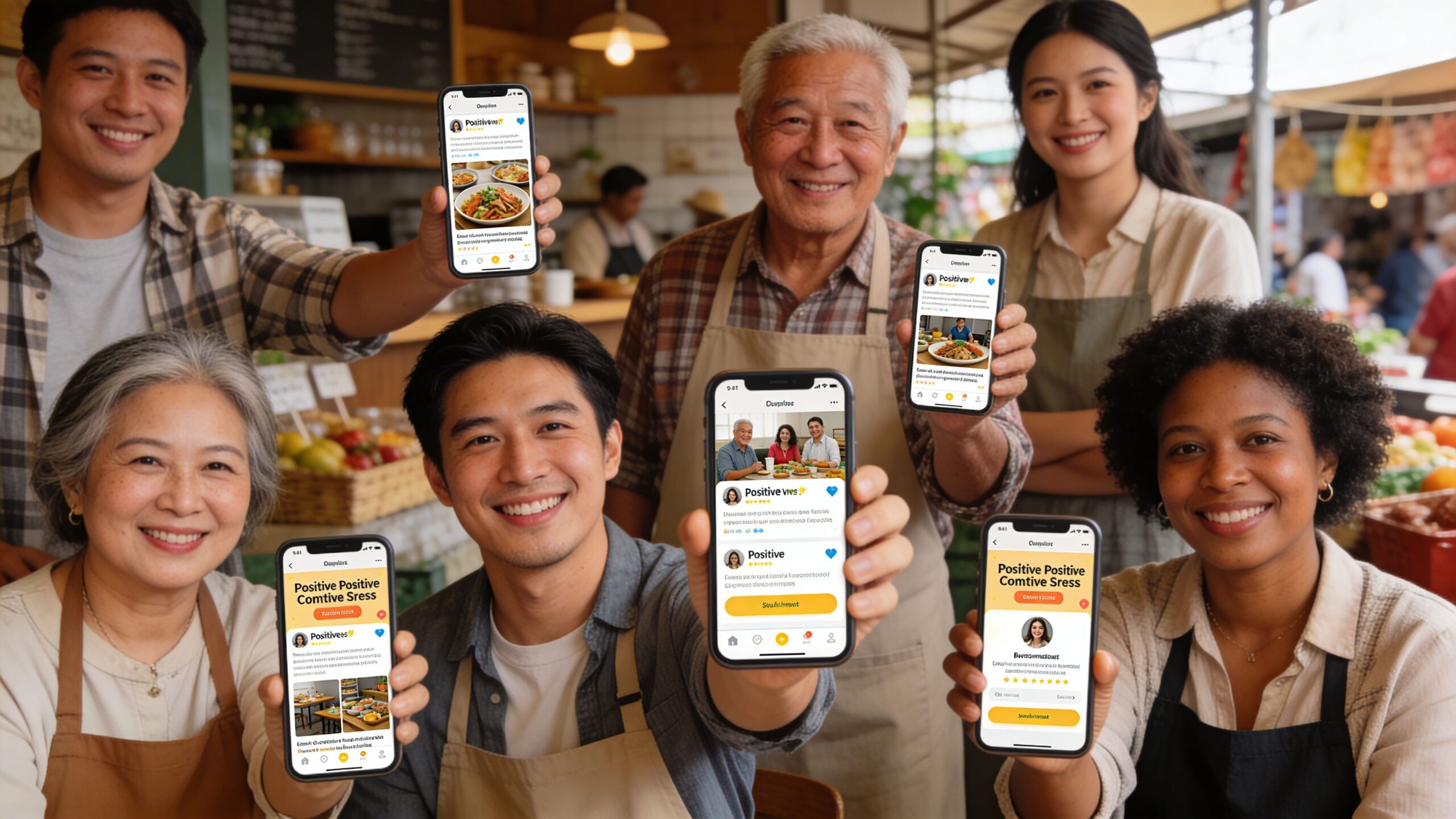 A diverse group of smiling people in an eatery holding up smartphones displaying mobile app reviews.