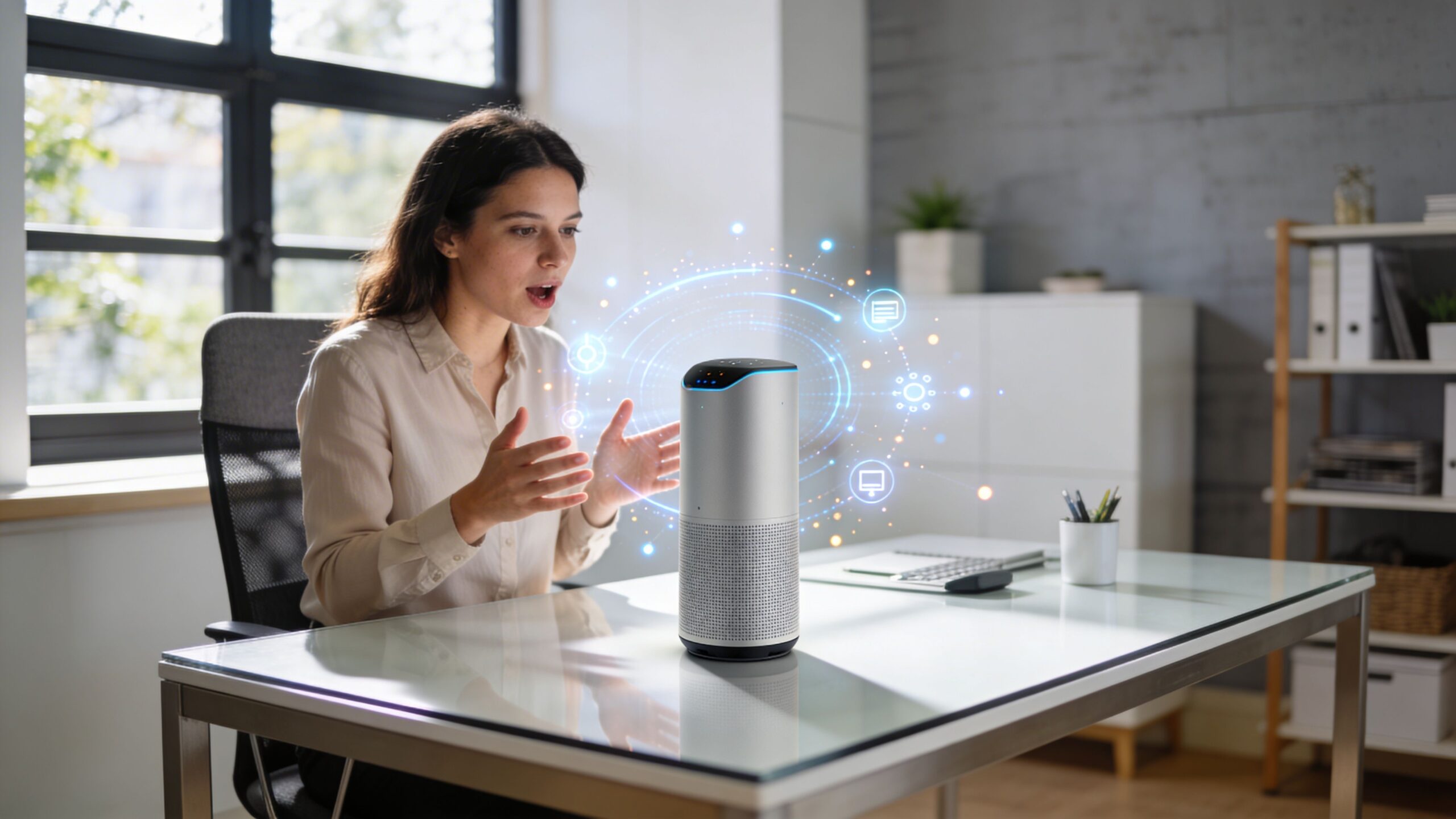A businesswoman interacting with a smart speaker device featuring a digital holographic interface on her office desk