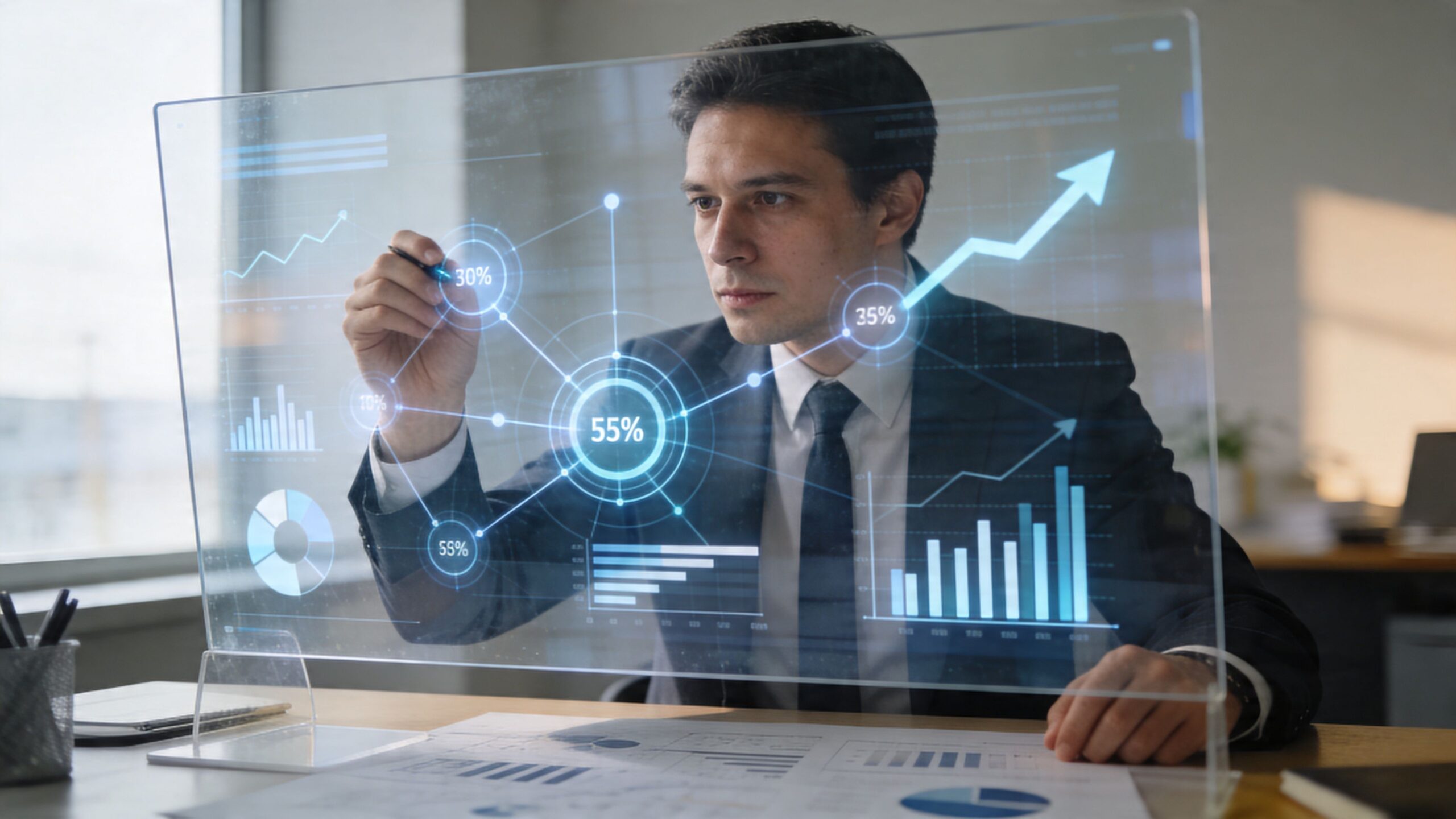 A professional businessman interacting with a holographic interface displaying data charts and analytics in an office.