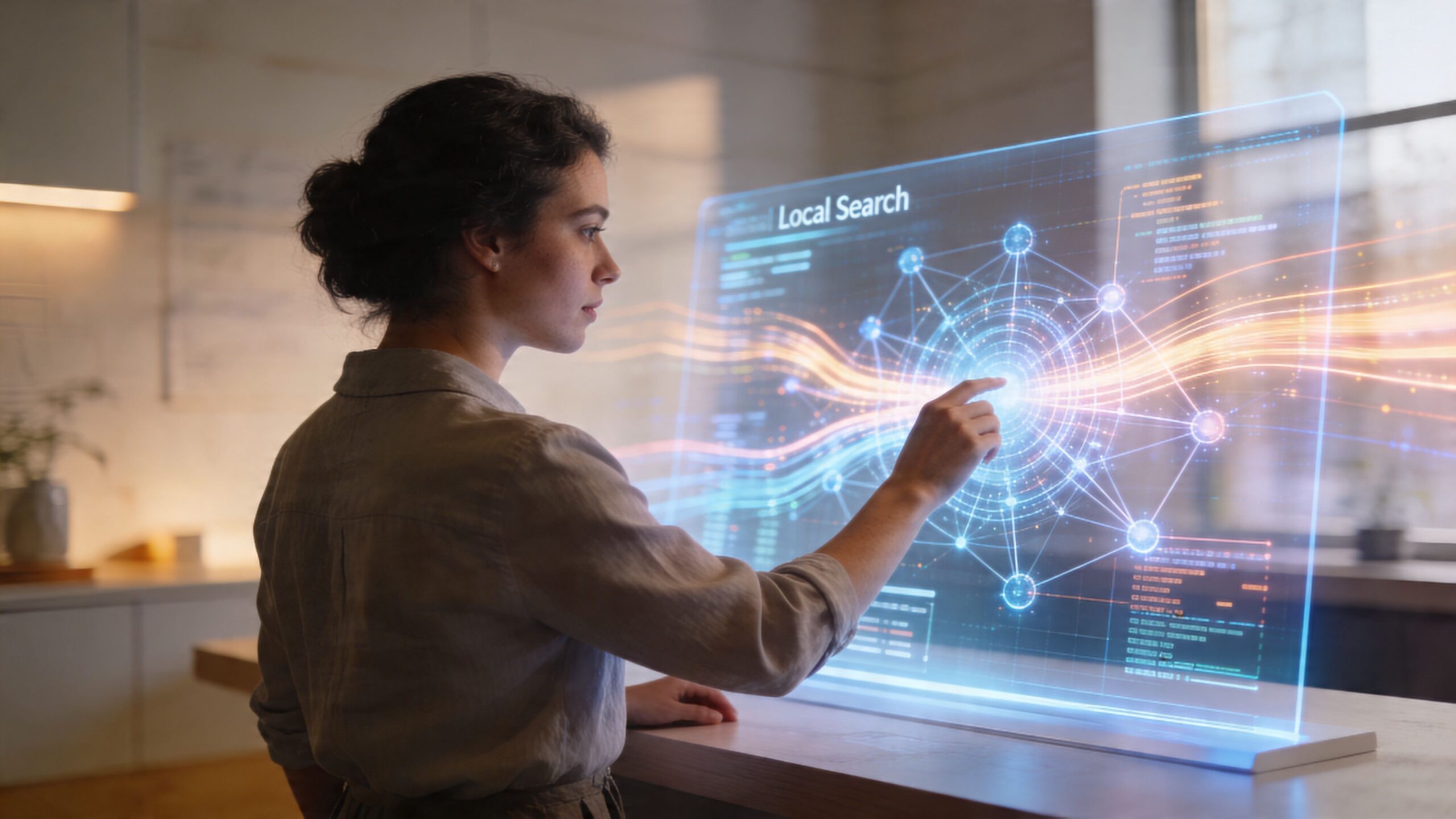 A woman interacting with a futuristic holographic display interface showing local search and digital network connectivity.