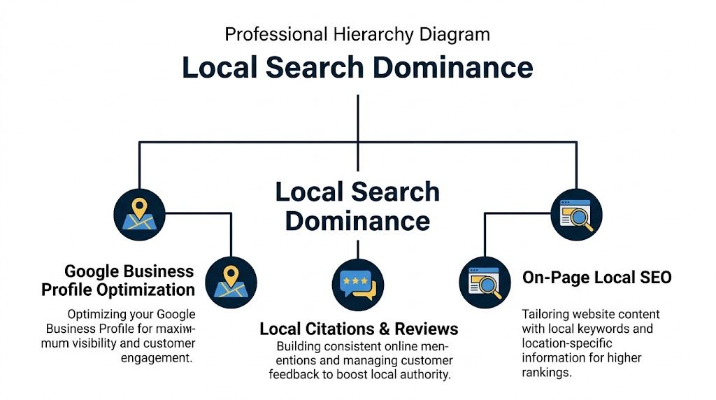 A professional hierarchy diagram illustrating the three core pillars for achieving local search engine optimization dominance.